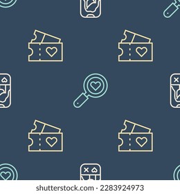 Set line Dating app online, Love ticket and Search heart and love on seamless pattern. Vector