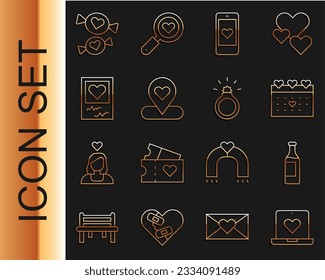 Set line Dating app online, Wine bottle, Calendar with heart, Mobile, Location, Photo frames and hearts, Candy and Diamond engagement ring icon. Vector