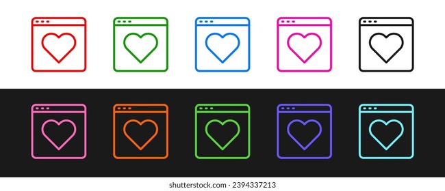 Fijar línea Icono de concepto de laptop en línea de aplicación de dating aislado en fondo blanco y negro. Diseño plano de perfil masculino femenino. La pareja coincide con la relación.  Vector