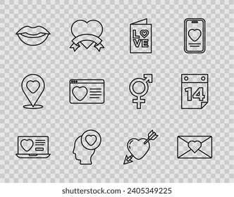 Set line Dating app online, Envelope with Valentine heart, Valentines day party flyer, Head, Smiling lips, Amour and arrow and Calendar February 14 icon. Vector