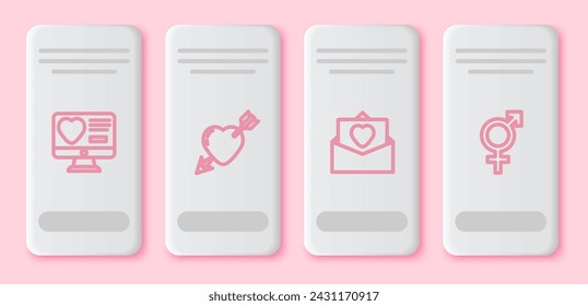 Set line Dating App online, Amour mit Herz und Pfeil, Umschlag Valentine und Gender. Weiße Rechtecktaste. Vektor