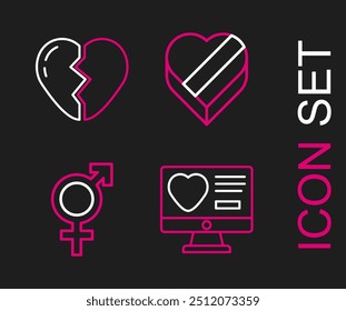 Definir linha Namoro app online, Sexo, Candy em forma de coração caixa e ícone quebrado. Vetor