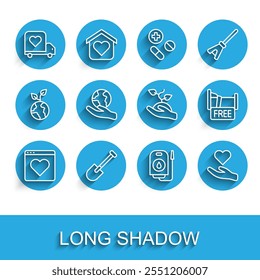 Set line Dating app online, Shovel, Delivery truck with heart, Blood donation, Heart hand, Hand holding Earth globe, Free overnight stay house and Volunteer team planting trees icon. Vector