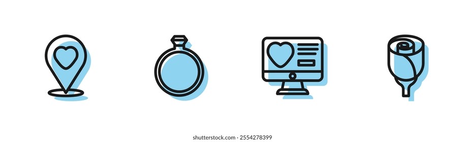 Set line Dating app online, Location with heart, Diamond engagement ring and Flower rose icon. Vector