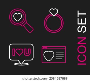 Set line Dating app online, Speech bubble with I love you, Wedding rings and Search heart and icon. Vector