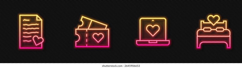 Set line Dating app online, Envelope with Valentine heart, Love ticket and Bedroom. Glowing neon icon. Vector