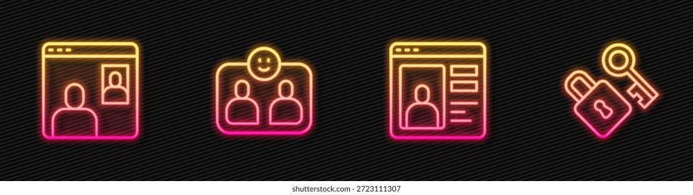 Establecer línea App Video de citas en línea, conferencia de chat, Amigos para siempre y Bloquear con clave. Icono de neón brillante. Vector