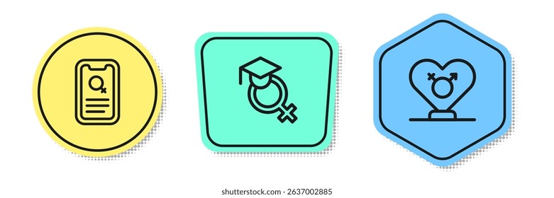 Set line Dating app, Teacher and Gender. Colored shapes. Vector