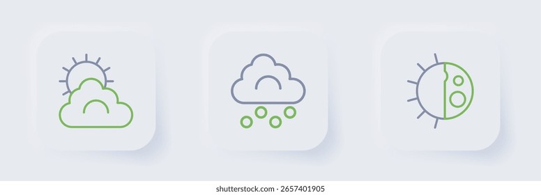 Definir linha Ciclo noturno do dia, Nuvem de granizo e ícone do sol e do tempo. Vetor