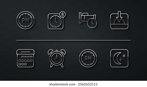 Set line Day time, Calendar, Sunset, Morning, Alarm clock, app mobile, Moon and stars and Time to sleep icon. Vector