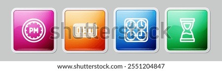 Set line Day time, Digital alarm clock, Time zone clocks and Old hourglass. Colorful square button. Vector