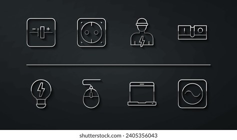 Set line DC voltage source, Creative lamp light idea, Electric switch, Laptop, Computer mouse, Electrical outlet, AC and Electrician icon. Vector