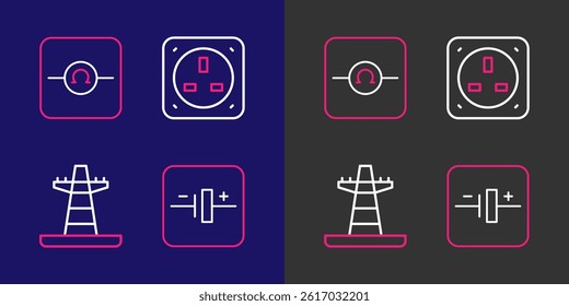 Set line DC voltage source, Electric tower line, Electrical outlet and Ohmmeter icon. Vector