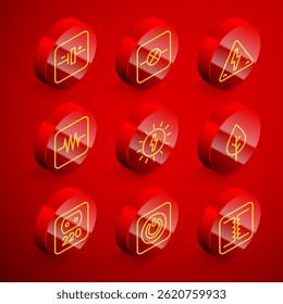 Set line DC voltage source, Lamp in electronic circuit, High, Resistor, Solar energy panel, Leaf Eco symbol, Electrical outlet and Power button icon. Vector