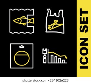 Set line Dead bird, plastic, Ecology infographic, Battery pack and Stop ocean pollution icon. Vector