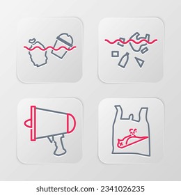 Set line Dead bird, plastic, Spread the word, megaphone, Problem of pollution planet and ocean icon. Vector