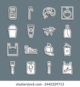 Set line Dead bird, plastic, Trash can, Bottle of liquid soap, Environment protection whale dead, Cream cosmetic tube, Paper glass water, Stop pollution and Problem planet icon. Vector