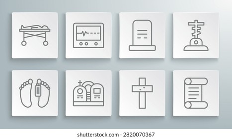 Set line Dead body, Beat dead in monitor, Grave with tombstone, Christian cross, Decree, parchment, scroll,  and the morgue icon. Vector