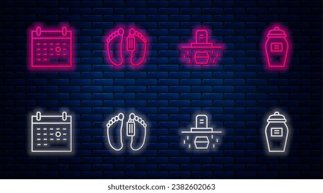Fijar la línea Cuerpo muerto, Tumba con ataúd, muerte del calendario y urna funeraria. Icono de neón brillante en la pared de ladrillo. Vector