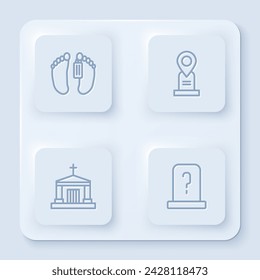 Set line Dead body, Location grave, Old crypt and Grave with tombstone. White square button. Vector