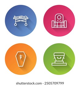 Set line Dead body in the morgue, Grave with tombstone, Coffin cross and . Color circle button. Vector