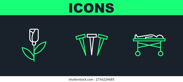 Set line Dead body in the morgue, Flower rose and Metallic nails icon. Vector