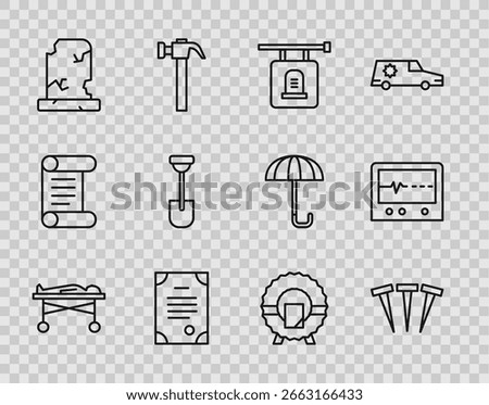 Set line Dead body in the morgue, Metallic nails, Signboard tombstone, Death certificate, Old grave with, Shovel, Memorial wreath and Beat dead monitor icon. Vector