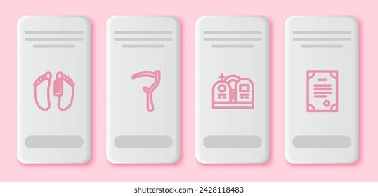 Set line Dead body, Scythe, Grave with tombstone and Death certificate. White rectangle button. Vector