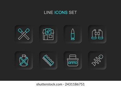 Set line Tote Fische, Munitionsbox, Jagdpatronengürtel, Kantinen-Wasserflasche, Fernglas, Kugel, Laden und brennendes Spiel mit Feuer-Ikone. Vektor