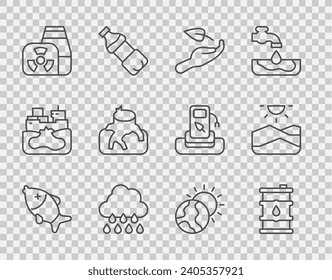 Fijar la línea Pescado muerto, aceite de barril, brote en mano, Nube con lluvia, planta de energía nuclear, Deforestación, Calentamiento global e ícono de sequía. Vector