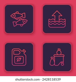 Set line Dead fish, Bio fuel canister, Rise in water level and Full dustbin. Blue square button. Vector