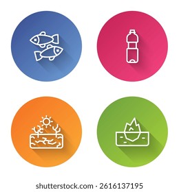 Set line Dead fish, Bottle of water, Drought and Iceberg. Color circle button. Vector