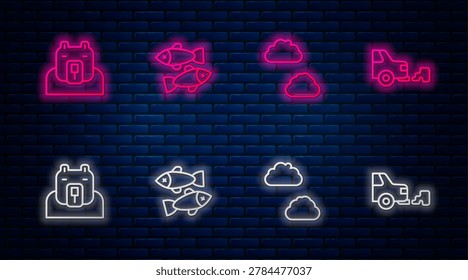 Set line Dead fish, Cloud, Polar bear head and Car exhaust. Glowing neon icon on brick wall. Vector