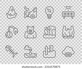 Set line Dead fish, CO2 emissions in cloud, Light bulb with leaf, Water problem, Glacier melting, Polar bear head, Rise water level and Say no to plastic bags poster icon. Vector