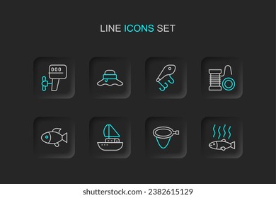Set line Dead fish, Fishing net, Yacht sailboat, Spinning reel for fishing, lure, Fisherman hat and Outboard motor icon. Vector