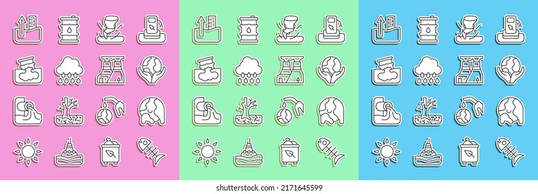 Set Line Dead Fish, Global Warming, Hand Holding Earth Globe, Tornado, Cloud With Rain, Barrel Oil Leak, Rise Water Level And Nuclear Power Plant Icon. Vector