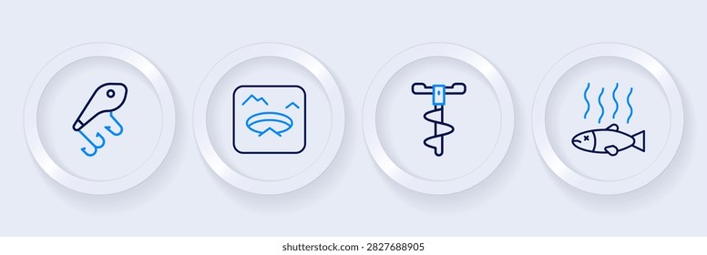 Set line Dead fish, Hand ice drill, Winter fishing and Fishing lure icon. Vector