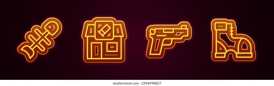 Fijar la línea Peces muertos, Tienda de caza, Pistol o pistola y botas de caza. Icono de neón brillante. Vector