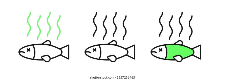 Set line Dead fish icon isolated on white background. Rotten fish.  Vector