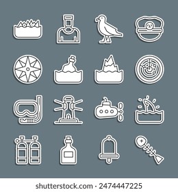 Set line Dead fish, Shark fin in ocean wave, Radar with targets, Bird seagull, Bottle message water, Wind rose, Sharp stone reefs and Iceberg icon. Vector