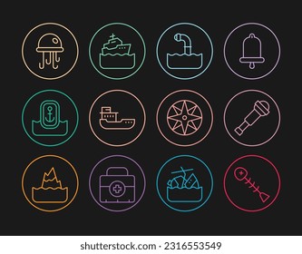Línea Pescado muerto, lente telescopio Spyglass, Periscope, barco de carga, Ubicación con ancla, Jellyfish, rosa eólica e icono de crucero. Vector
