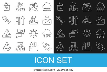 Set line Dead fish, Storm, Drought, Wrecked oil tanker ship, Global warming, Recycle bin with recycle and Tsunami icon. Vector