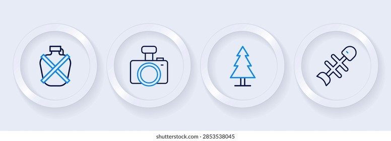 Set line Dead fish, Tree, Photo camera and Canteen water bottle icon. Vector