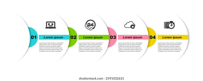 Set line Dead laptop, Telephone 24 hours support, Cloud sync refresh and Stopwatch. Business infographic template. Vector