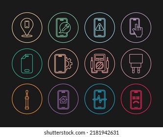 Fijar línea Mando muerto, Cargador, Móvil con signo de exclamación, Servicio de reparación de teléfono, Protector de pantalla de vidrio, Multimetro e icono. Vector