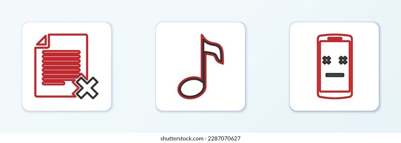 Set line Dead mobile, Delete file document and Music note, tone icon. Vector