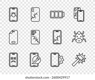 Set line Dead mobile, Hammer, Battery, Mobile service, System bug on, with broken screen, Phone repair and  icon. Vector
