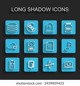 Set line Dead mobile, IV bag, Database, Kayak and paddle, laptop, Hard disk drive HDD, Music note, tone and Delete file document icon. Vector