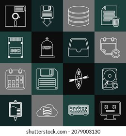 Set line Dead monitor, Hard disk drive HDD sync refresh, Calendar and clock, Database, Tombstone with RIP written, SSD card, Floppy in the 5.25-inch and Social media inbox icon. Vector