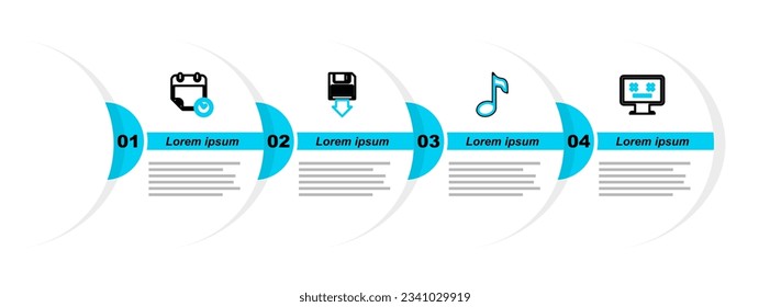 Set line Dead monitor, Music note, tone, Floppy disk backup and Calendar and clock icon. Vector